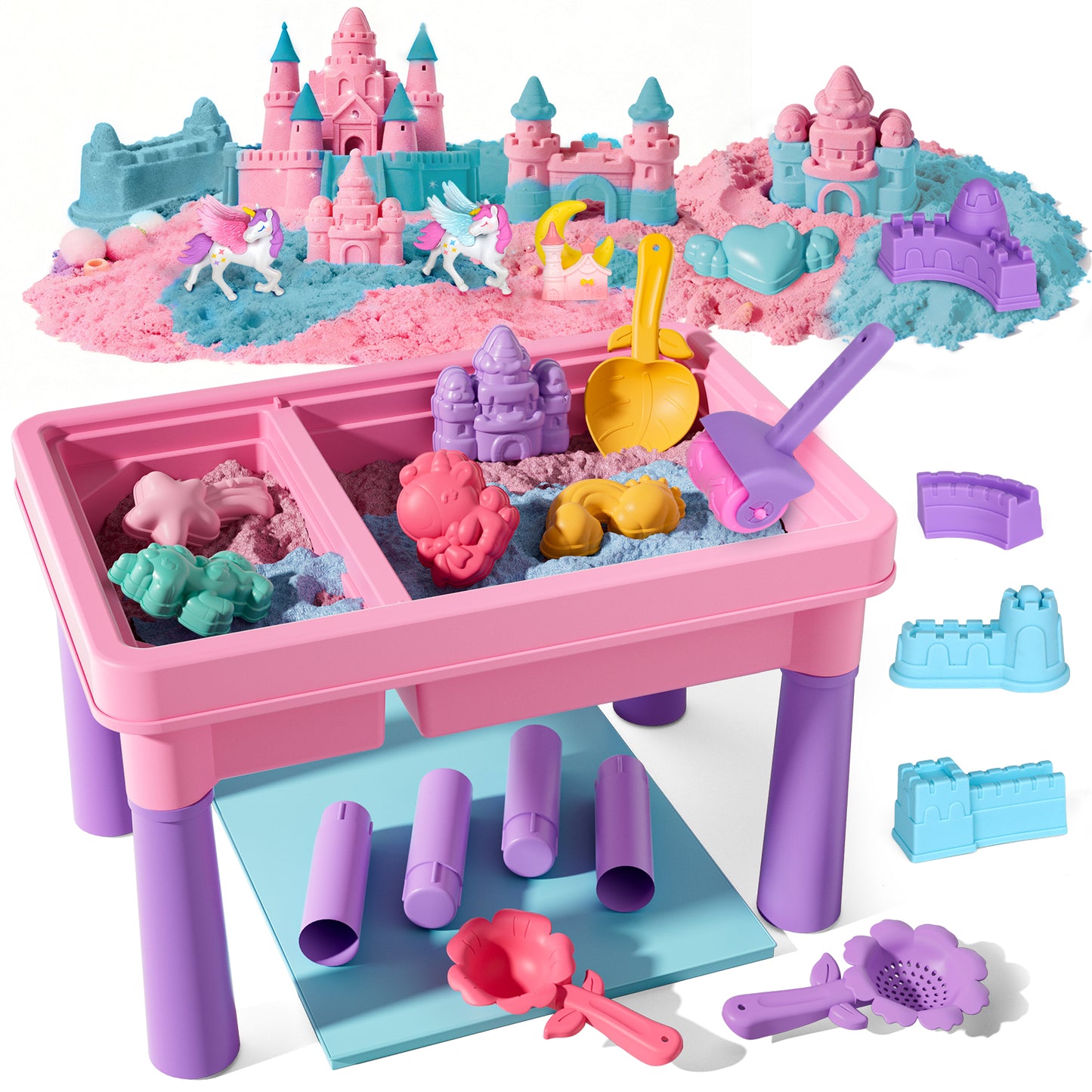 Sand Table for Kids, Sensory Table with Sand, Sensory Bin with Lid & 2.6lbs Play Sand, Unicorn Toys & Sand Toys, Sensory Toys Gifts for Toddler Boys Girls