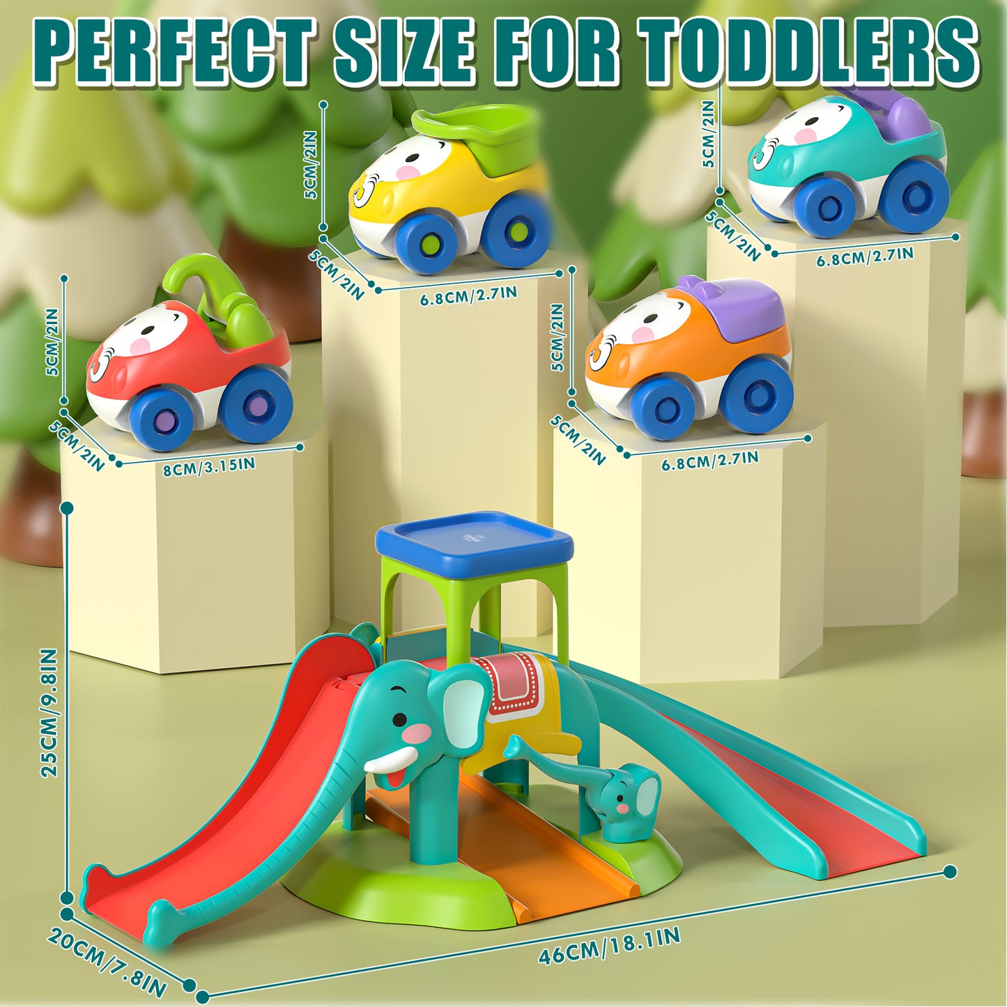 Toys for 1 2 3 Year Old Boy Girl, Toddler Toys, Toy Cars for Toddlers, 5 in 1 Elephant Slide & Parking with 4 Push and Go Toy Cars, Learning Educational Baby Toys for 1+ Year Old Birthday Gifts