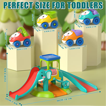 Toys for 1 2 3 Year Old Boy Girl, Toddler Toys, Toy Cars for Toddlers, 5 in 1 Elephant Slide & Parking with 4 Push and Go Toy Cars, Learning Educational Baby Toys for 1+ Year Old Birthday Gifts
