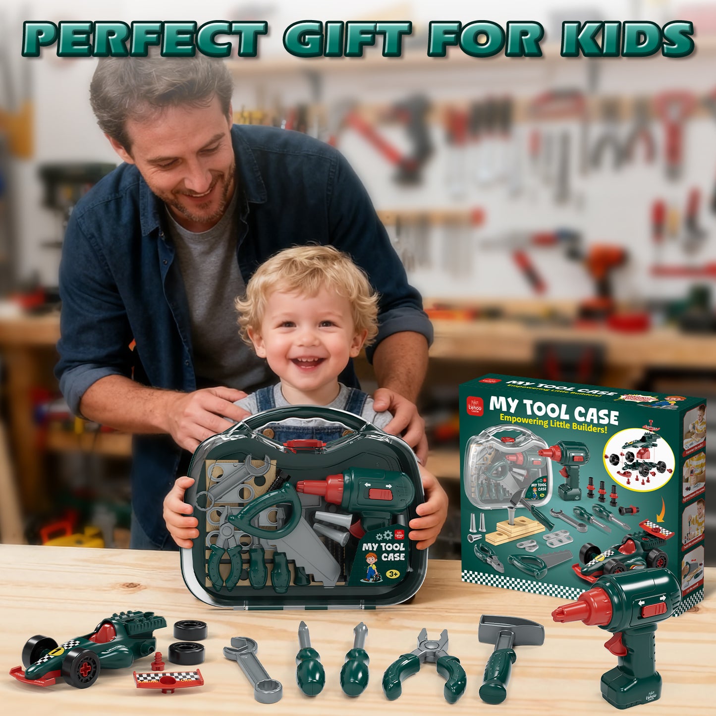 Toys for 2 Year Old Boys, Kids Tool Set, Toolbox Set for Kids, Includes Realistic Tools & Electric Drill & Take Apart Toy Racing Cars, Educational Learning Toys for Boys Age 2 3 4 5 Birthday Gifts