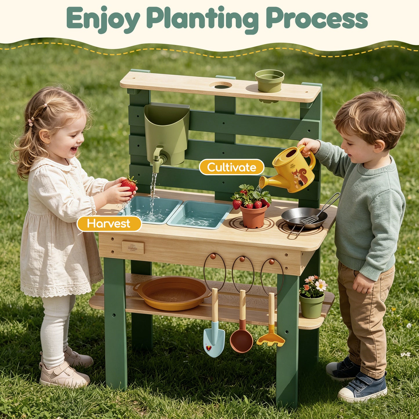 Outdoor Mud Kitchen for Kids, Wooden Play Kitchen with Real Water Play, Cooking Pots, Gardening Tools, Weather-Resistant Design, Storage & Planting Area, Sensory Toy Kitchen for Pretend Play Age 3+