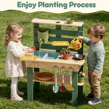 Outdoor Mud Kitchen for Kids, Wooden Play Kitchen with Real Water Play, Cooking Pots, Gardening Tools, Weather-Resistant Design, Storage & Planting Area, Sensory Toy Kitchen for Pretend Play Age 3+