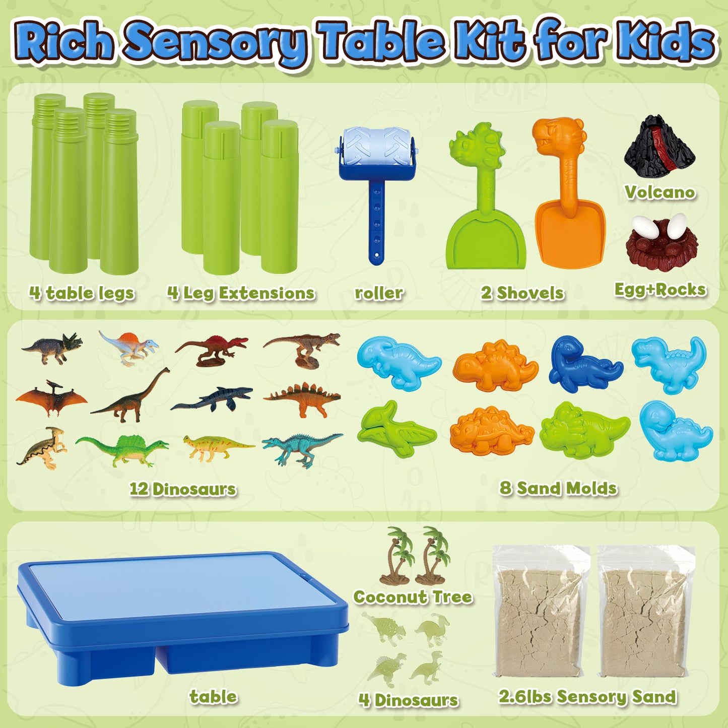 Sand Table for Kids, Sensory Table with Sand, Sensory Bin with Lid & 2.6lbs Play Sand, Dinosaur Toys & Sand Toys, Sensory Toys Gifts for Toddler Boys Girls