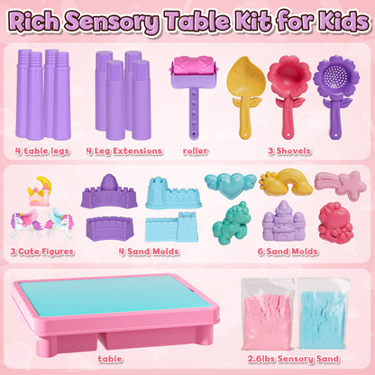 Sand Table for Kids, Sensory Table with Sand, Sensory Bin with Lid & 2.6lbs Play Sand, Unicorn Toys & Sand Toys, Sensory Toys Gifts for Toddler Boys Girls