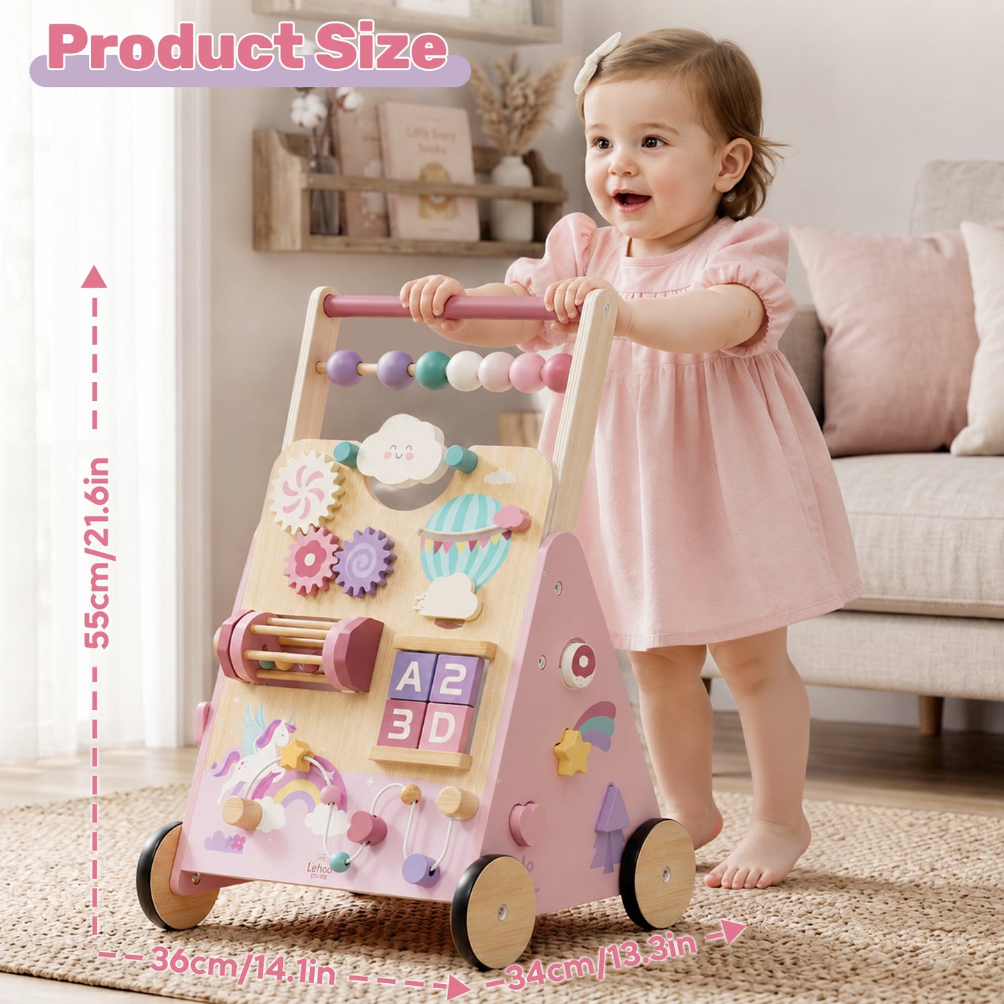 Baby Push Walker, Wooden Baby Walking Toys for 1 Year Old, Adjustable Speed Walker for Baby Boy Girls, Unicorn Toddler Walker, Montessori Walker Toy, Sit to Stand Walker with Baby Activity Center