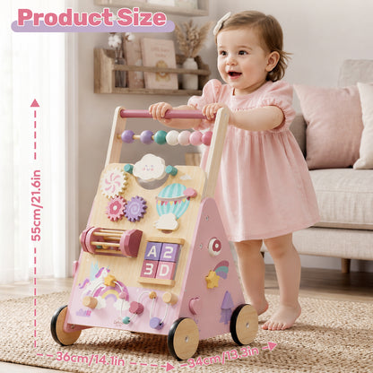 Baby Push Walker, Wooden Baby Walking Toys for 1 Year Old, Adjustable Speed Walker for Baby Boy Girls, Unicorn Toddler Walker, Montessori Walker Toy, Sit to Stand Walker with Baby Activity Center