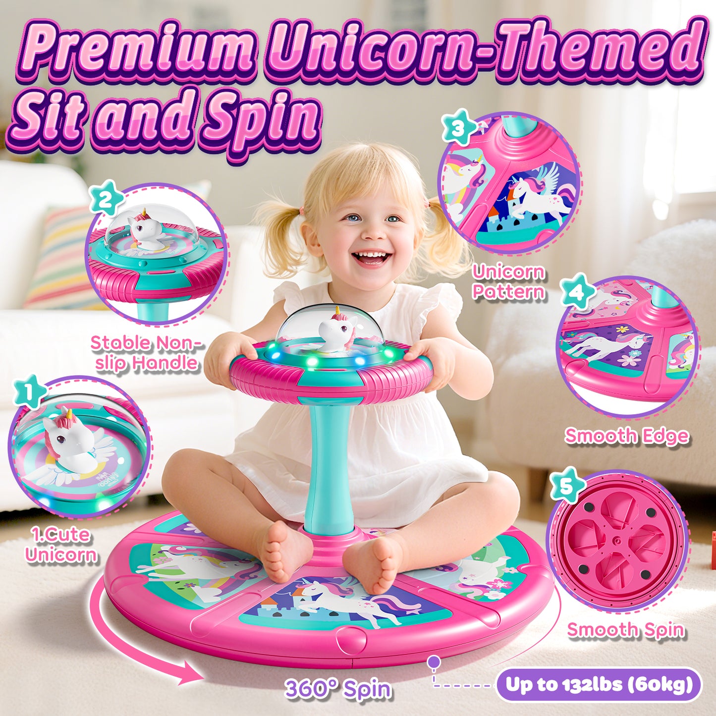 Unicorn Sit and Spin Toys for Toddlers, 360° Spinning Seat with LED Lights & Music, Sensory Spinning Chair for Body Balance Training, Sensory Toys for Ages 2-4 and Up, Best Birthday Christmas Gifts