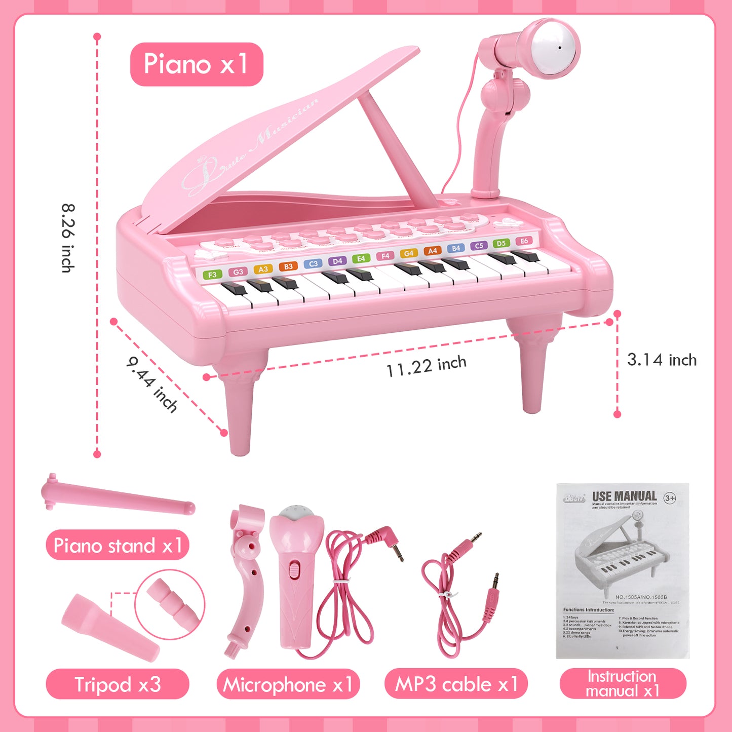 Piano for Kids, Toddler Toys for Girls, 24 Keys Kids Piano Toy, Musical Toys for 1 Year Old, Kids Keyboard with Microphone, Preschool Learning Toys, Musical Instruments for 1 2 3 Year Old Best Gift