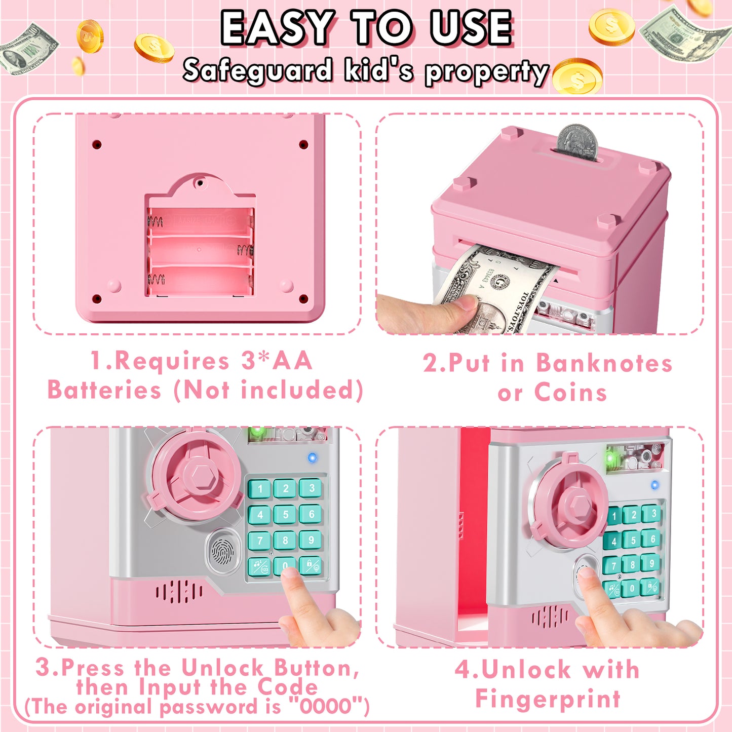 Piggy Banks for Kids, Money Bank with Fingerprint Recognition, Electronic Password Cash Coin Can ATM Bank with Auto Grab Bill Slot, Money Coin Saving Box for Kids, Perfect Gifts for Boys Girls, Pink