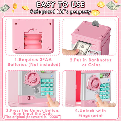 Piggy Banks for Kids, Money Bank with Fingerprint Recognition, Electronic Password Cash Coin Can ATM Bank with Auto Grab Bill Slot, Money Coin Saving Box for Kids, Perfect Gifts for Boys Girls, Pink