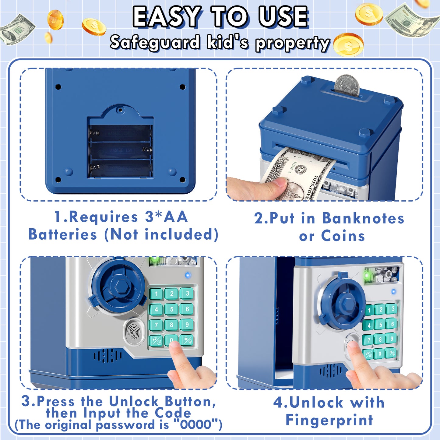 Piggy Banks for Kids, Money Bank with Fingerprint Recognition, Electronic Password Cash Coin Can ATM Bank with Auto Grab Bill Slot, Money Coin Saving Box for Kids, Perfect Gifts for Boys Girls