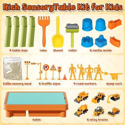 Sand Table for Kids, Sensory Table with Sand, Sensory Bin with Lid & 2.6lbs Play Sand, 6 Construction Vehicles & Sand Toys, Sensory Toys Gifts for Toddler Boys Girls