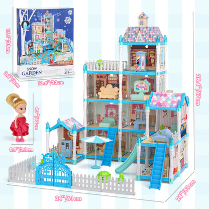 Dollhouse for Girls, 11 Rooms Huge Doll House with LED Lights, Noctilucent, 1 Doll, 2 Dogs, Furnitures, Pretend Play Toys for Girls, Best Birthdays Christmas Gift for Girls Age 3+