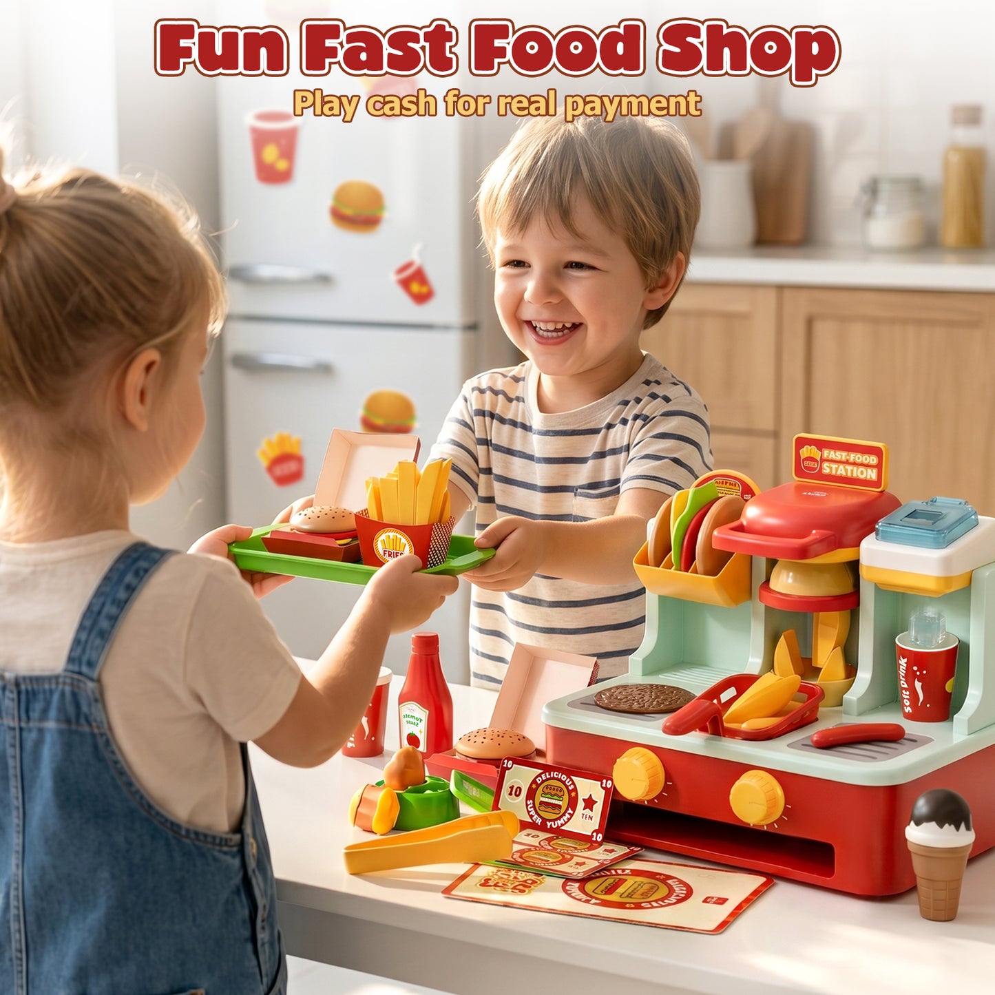 Restaurant Play Food Set Toy, Pretend Play, Fast Food Hamburger Store Play Set with Potato Cutter, Drink Station, Menu, Cash, Preschool Interactive Role Play Toy Gift for Boys Girls 2-5 Years Old