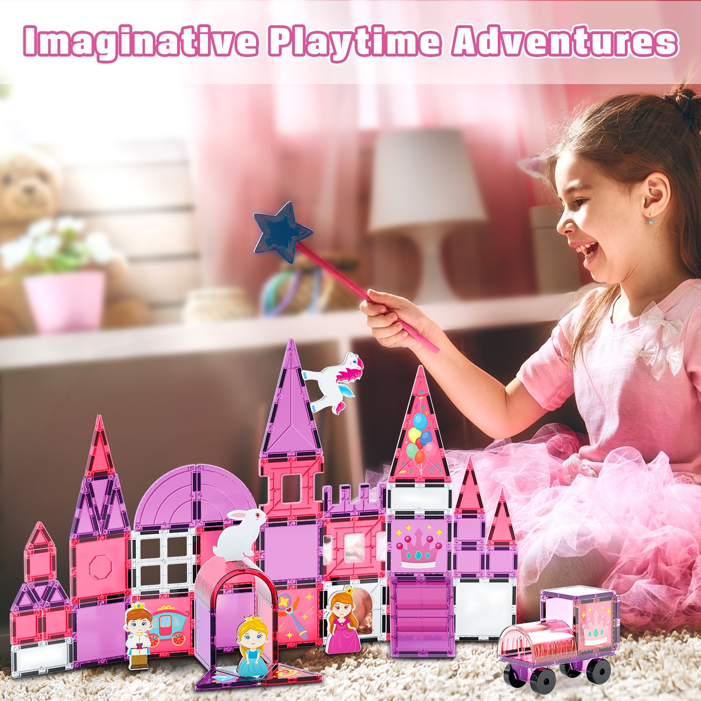 Magnetic Tiles, Princess Theme 58 PCS Magnetic Blocks, Montessori Learning Toys for 3 to 4 Year, Magnetic Construction Toys for Toddlers 3-6 Years Old, Educational Toys for Boys Girls