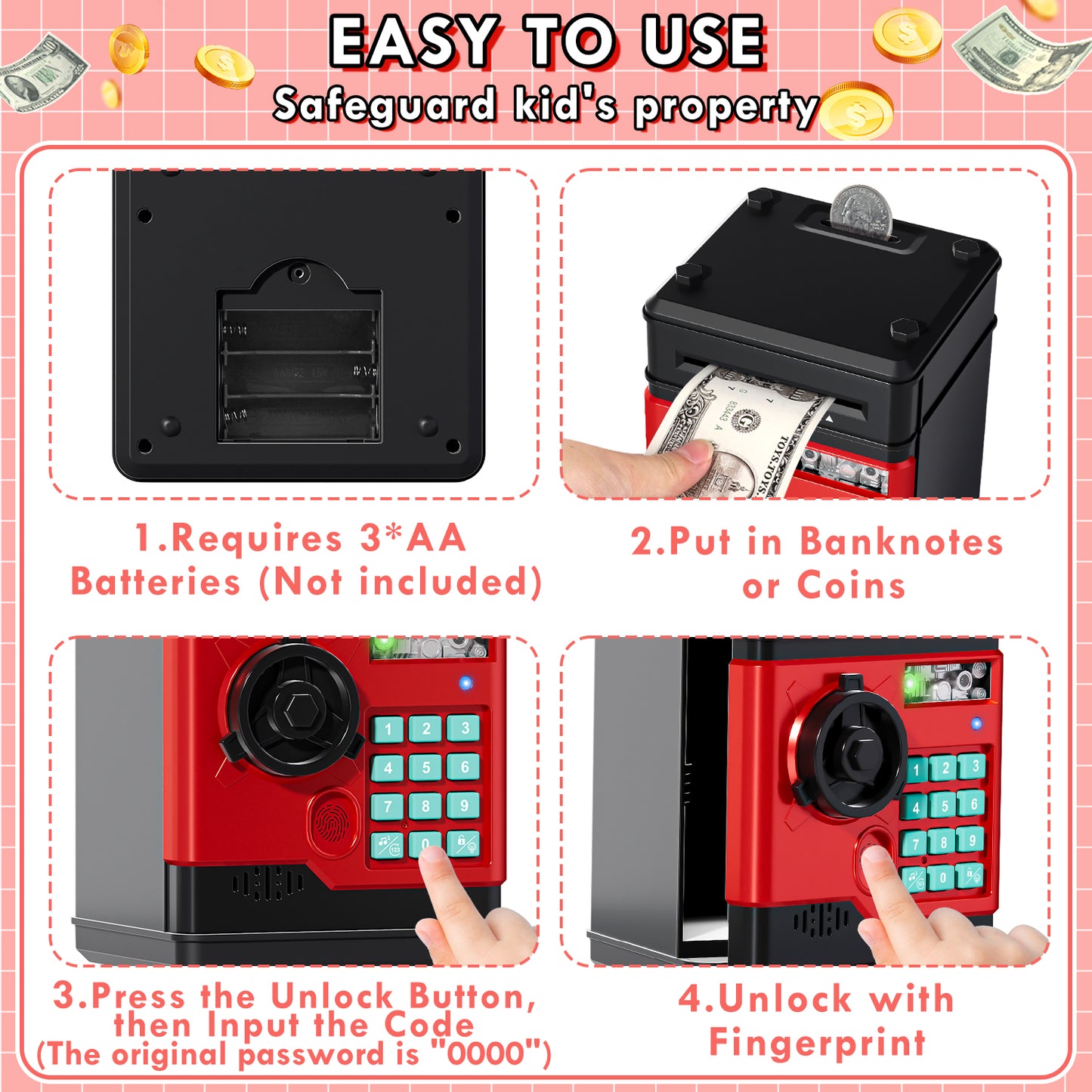 Piggy Banks for Kids, Money Bank with Fingerprint Recognition, Electronic Password Cash Coin Can ATM Bank with Auto Grab Bill Slot, Money Coin Saving Box for Kids, Perfect Gifts for Boys Girls