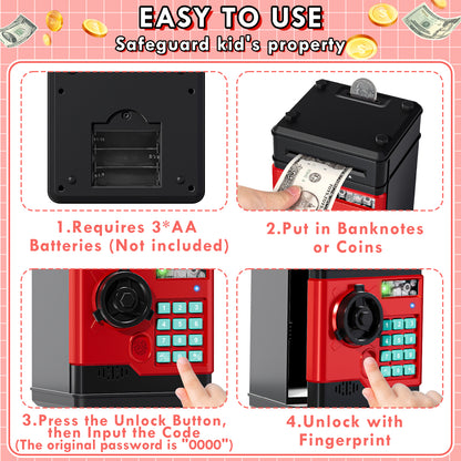 Piggy Banks for Kids, Money Bank with Fingerprint Recognition, Electronic Password Cash Coin Can ATM Bank with Auto Grab Bill Slot, Money Coin Saving Box for Kids, Perfect Gifts for Boys Girls