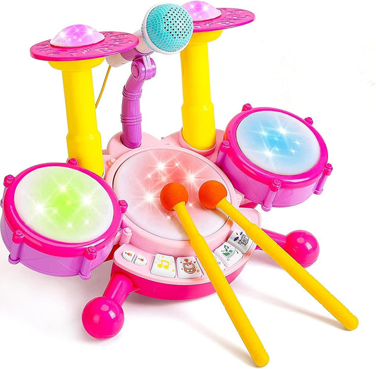 Kids Drum Set Toddler Toys for Boys Girls Kids Music Toys for Toddlers Drum Set for Kids with 2 Drumsticks and Microphone Baby Drums Toys for 1 2 3 Year Old (Pink)