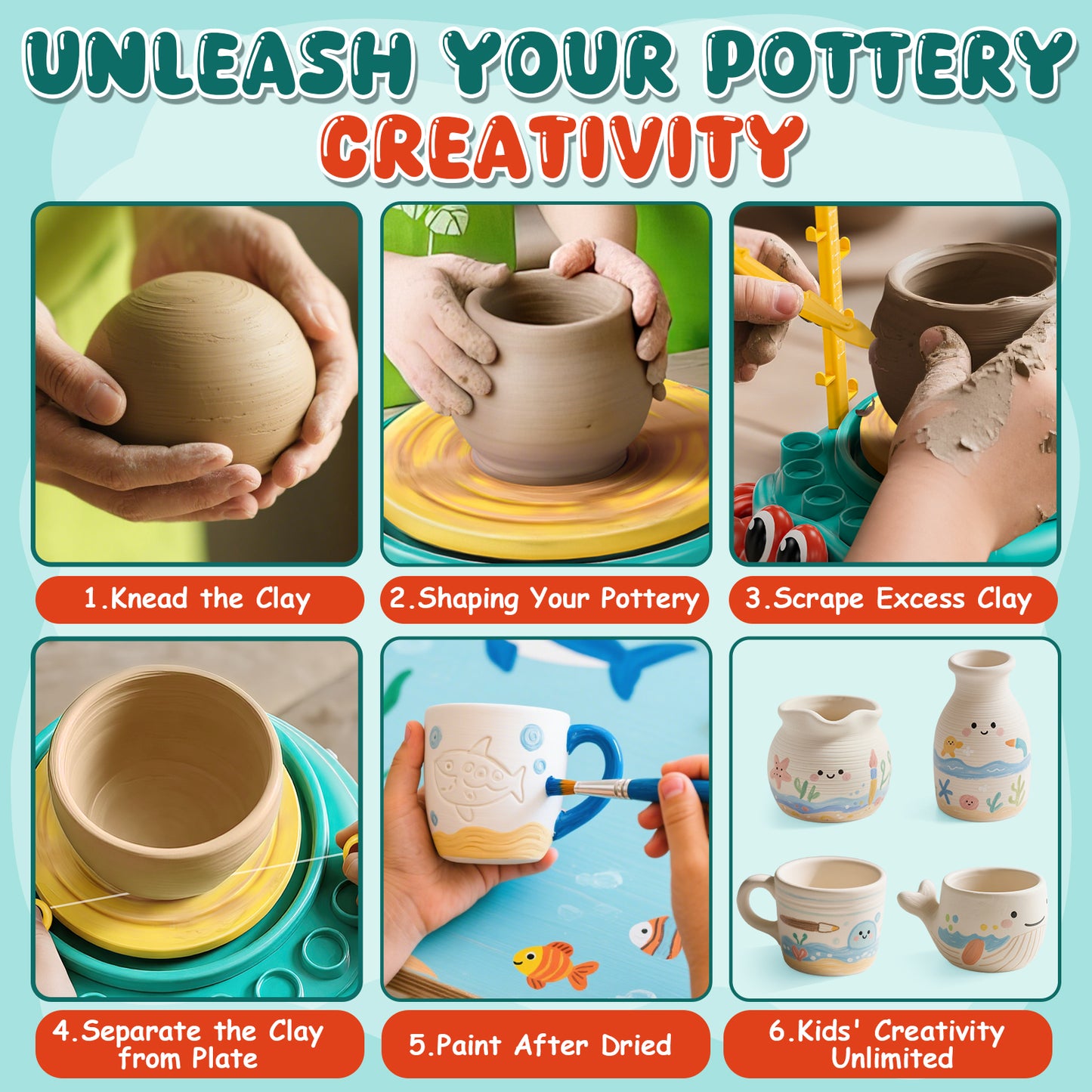 Pottery Wheel for Kids, Complete Kids Pottery Wheel Kit Arts and Crafts for Kids Ages 8-12, with 2 Packs Clay, Painting and Sculpting Tools, Ideal Birthday Christmas Gifts Toys for 6 7 8 9 10 11 12+