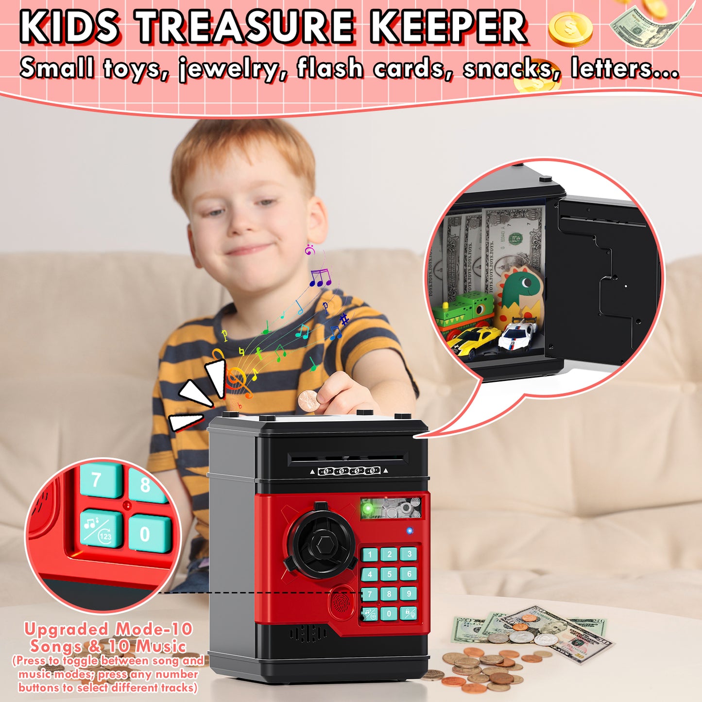 Piggy Banks for Kids, Money Bank with Fingerprint Recognition, Electronic Password Cash Coin Can ATM Bank with Auto Grab Bill Slot, Money Coin Saving Box for Kids, Perfect Gifts for Boys Girls