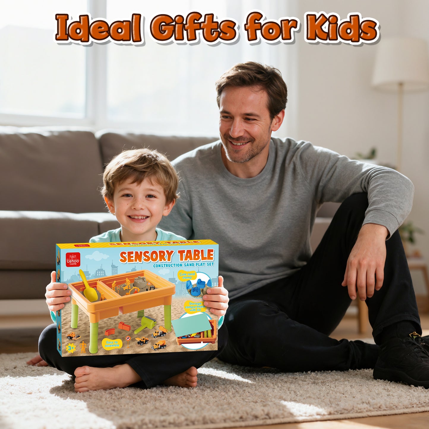 Sand Table for Kids, Sensory Table with Sand, Sensory Bin with Lid & 2.6lbs Play Sand, 6 Construction Vehicles & Sand Toys, Sensory Toys Gifts for Toddler Boys Girls