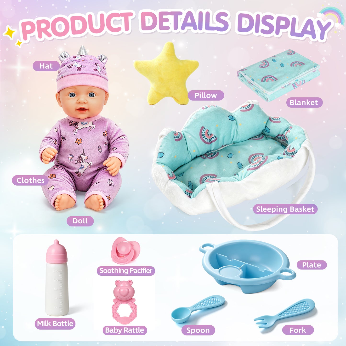 12" Baby Doll Set with Carrier Bassinet Bed, Unicorn Theme Realistic Baby Doll Toys with Pillow, Clothes & Feeding Kit, Pretend Play Set Interactive Role Play Toy Gift for Boys Girls 3+ Years Old