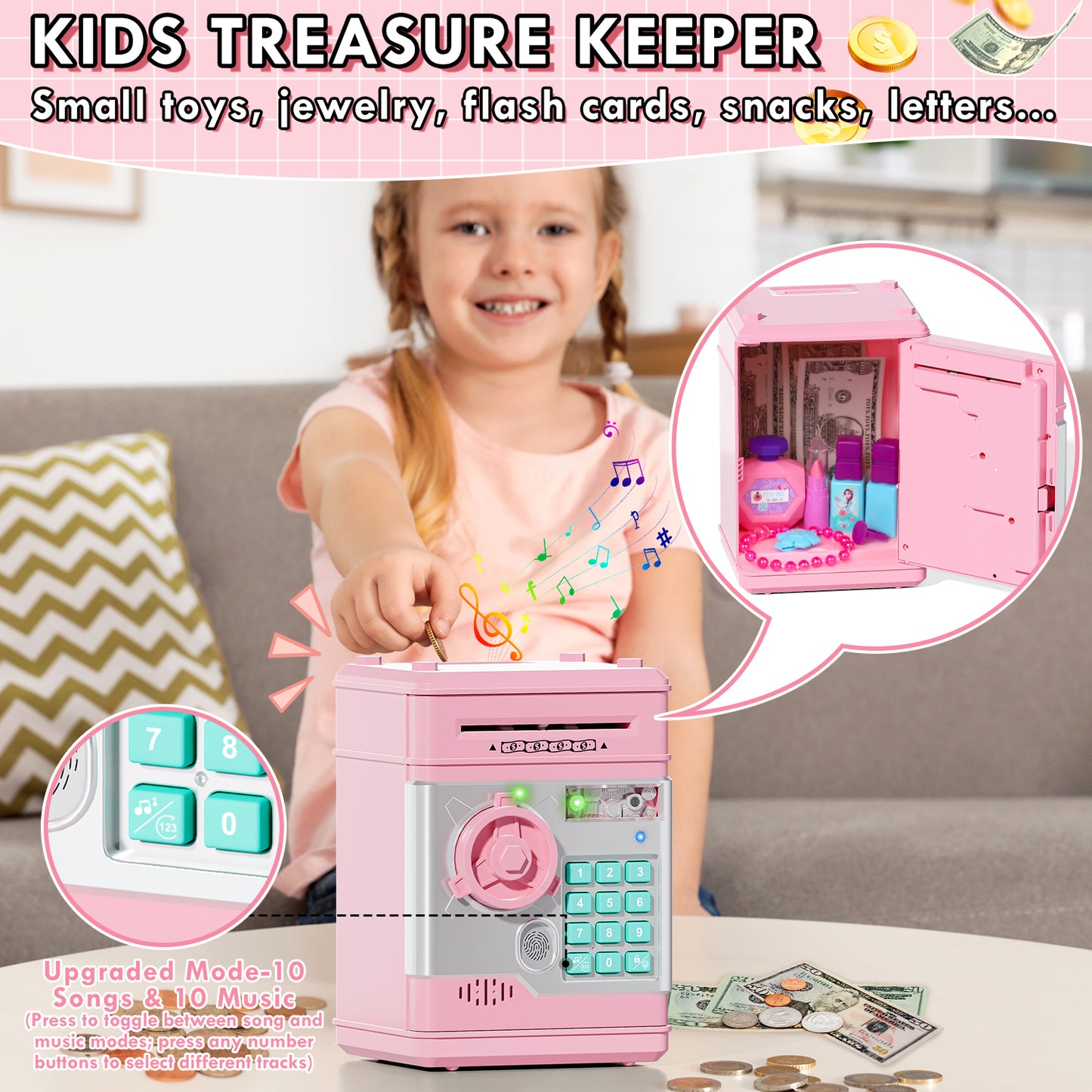 Piggy Banks for Kids, Money Bank with Fingerprint Recognition, Electronic Password Cash Coin Can ATM Bank with Auto Grab Bill Slot, Money Coin Saving Box for Kids, Perfect Gifts for Boys Girls, Pink