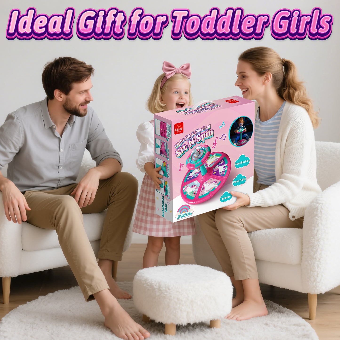 Unicorn Sit and Spin Toys for Toddlers, 360° Spinning Seat with LED Lights & Music, Sensory Spinning Chair for Body Balance Training, Sensory Toys for Ages 2-4 and Up, Best Birthday Christmas Gifts