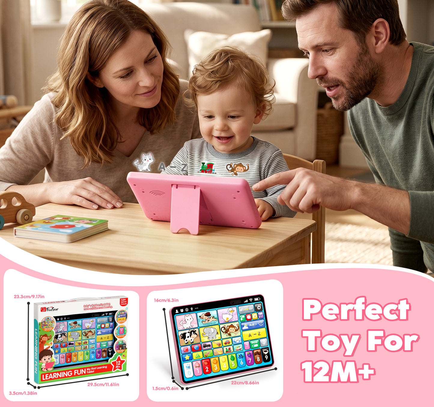 Learning Toys Tablet for Toddlers 1-3, Montessori Toys with Music & Sound, 3 Language Educational Toys, Speech Musical Toys, Early Development Gift for Boys Girls 1 2 3 Years Old (Pink)