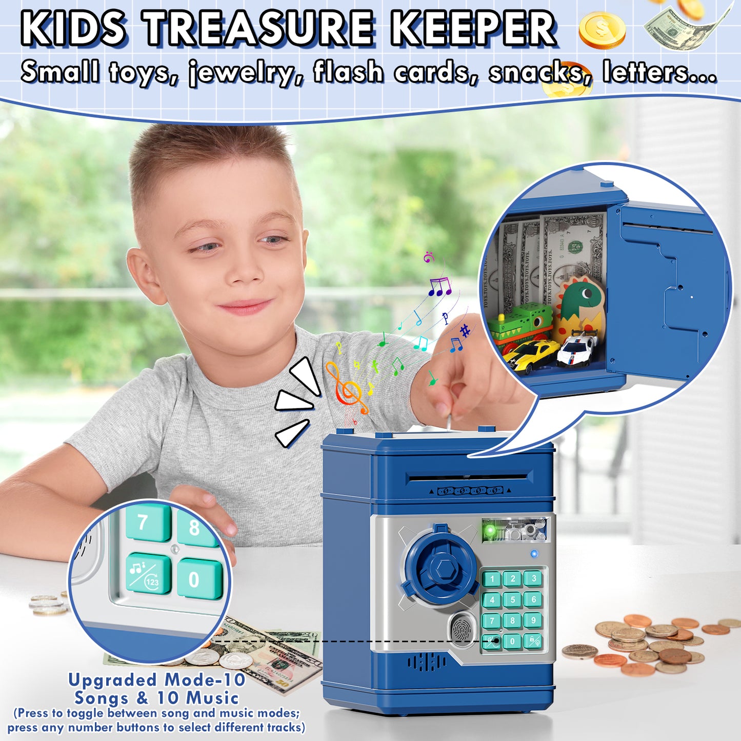 Piggy Banks for Kids, Money Bank with Fingerprint Recognition, Electronic Password Cash Coin Can ATM Bank with Auto Grab Bill Slot, Money Coin Saving Box for Kids, Perfect Gifts for Boys Girls, Blue