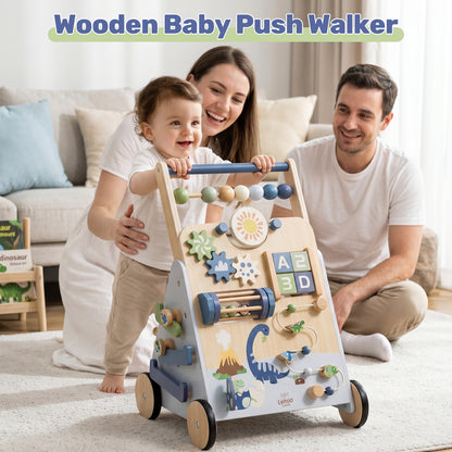 Toddler Push Walker, Wooden Push Walking Toys for 1-3 Year Old, Adjustable Speed Walker for Boy Girls, Dinosaur Toddler Walker, Montessori Walker Toy, Sit to Stand Walker with Activity Center