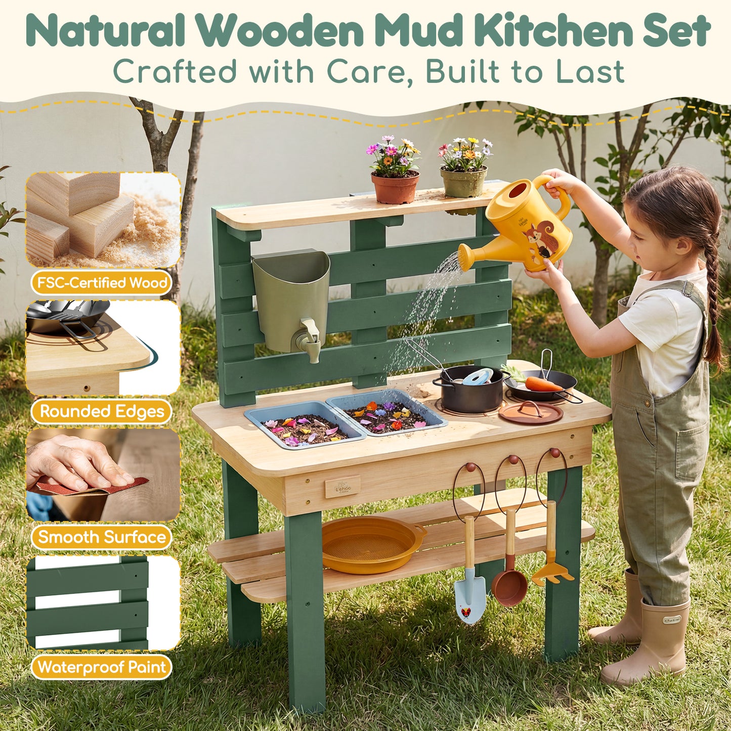 Outdoor Mud Kitchen for Kids, Wooden Play Kitchen with Real Water Play, Cooking Pots, Gardening Tools, Weather-Resistant Design, Storage & Planting Area, Sensory Toy Kitchen for Pretend Play Age 3+