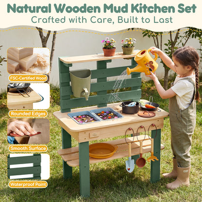 Outdoor Mud Kitchen for Kids, Wooden Play Kitchen with Real Water Play, Cooking Pots, Gardening Tools, Weather-Resistant Design, Storage & Planting Area, Sensory Toy Kitchen for Pretend Play Age 3+