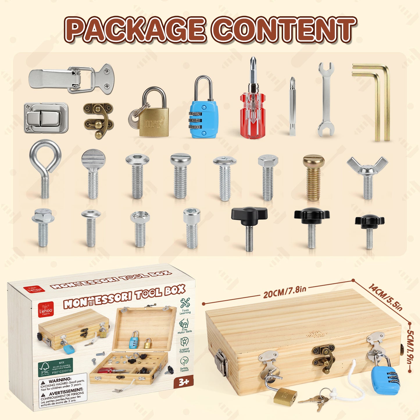 Wooden Montessori Toys for 3 Year Old, Busy Board Toys for 4 5 Year Old, Kid Tool Set for Toddlers, Educational Learning Toys, Screwdriver Board Set with Kinds of Locks & Tools, Gifts for Boys Girls