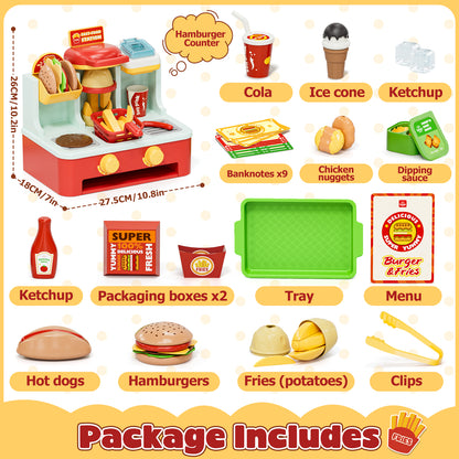 Restaurant Play Food Set Toy, Pretend Play, Fast Food Hamburger Store Play Set with Potato Cutter, Drink Station, Menu, Cash, Preschool Interactive Role Play Toy Gift for Boys Girls 2-5 Years Old