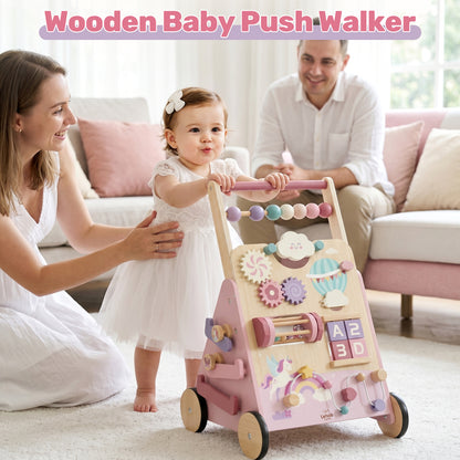 Baby Push Walker, Wooden Baby Walking Toys for 1 Year Old, Adjustable Speed Walker for Baby Boy Girls, Unicorn Toddler Walker, Montessori Walker Toy, Sit to Stand Walker with Baby Activity Center