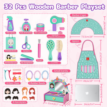 Kids Vanity Sets for Girls, Toddler Vanity Set, 32 PCS Wooden Kids Hair Salon Playset, Hairdressing Pretend Playset, Barber Pretend Hair Styling Set with Apron/Hair Dryer/Hair Accessories for Age 3+
