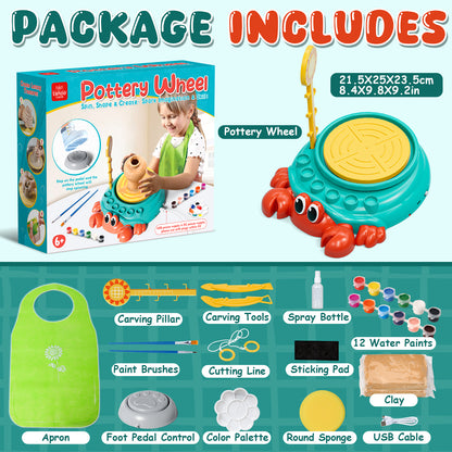 Pottery Wheel for Kids, Complete Kids Pottery Wheel Kit Arts and Crafts for Kids Ages 8-12, with 2 Packs Clay, Painting and Sculpting Tools, Ideal Birthday Christmas Gifts Toys for 6 7 8 9 10 11 12+