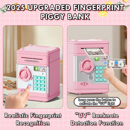 Piggy Banks for Kids, Money Bank with Fingerprint Recognition, Electronic Password Cash Coin Can ATM Bank with Auto Grab Bill Slot, Money Coin Saving Box for Kids, Perfect Gifts for Boys Girls, Pink
