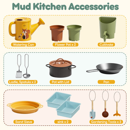 Outdoor Mud Kitchen for Kids, Wooden Play Kitchen with Real Water Play, Cooking Pots, Gardening Tools, Weather-Resistant Design, Storage & Planting Area, Sensory Toy Kitchen for Pretend Play Age 3+