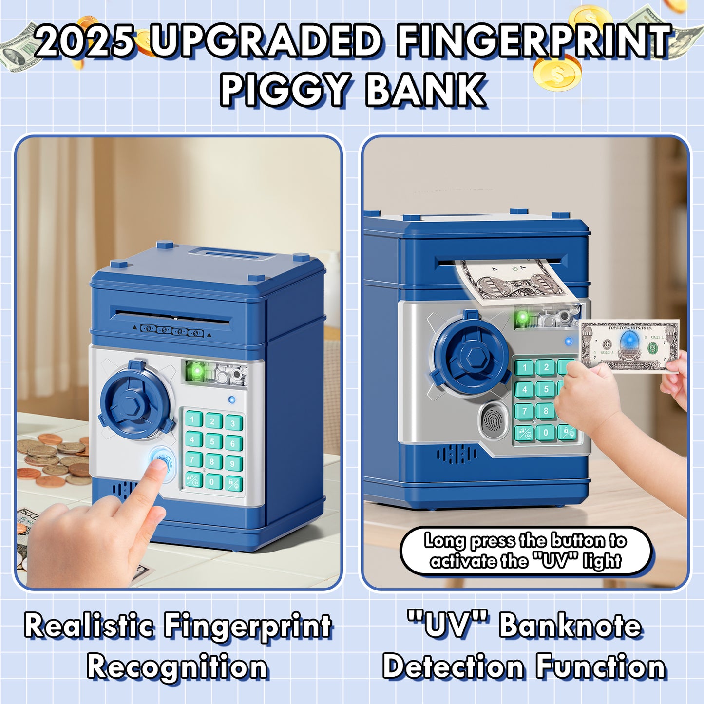 Piggy Banks for Kids, Money Bank with Fingerprint Recognition, Electronic Password Cash Coin Can ATM Bank with Auto Grab Bill Slot, Money Coin Saving Box for Kids, Perfect Gifts for Boys Girls