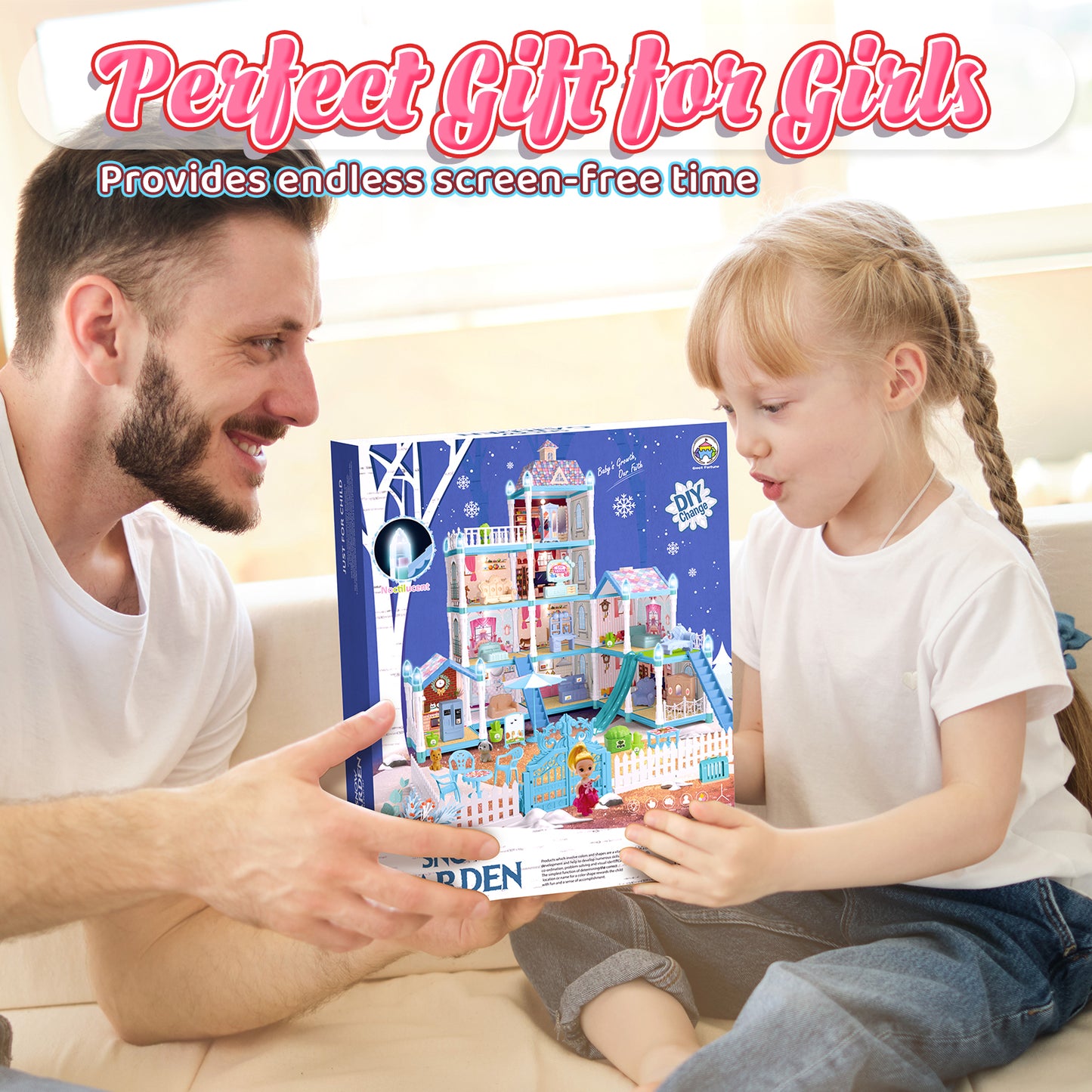 Dollhouse for Girls, 11 Rooms Huge Doll House with LED Lights, Noctilucent, 1 Doll, 2 Dogs, Furnitures, Pretend Play Toys for Girls, Best Birthdays Christmas Gift for Girls Age 3+