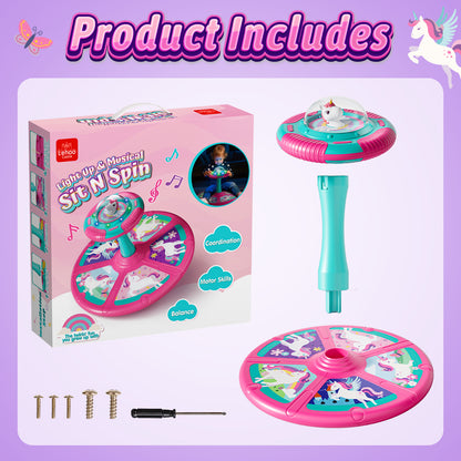 Unicorn Sit and Spin Toys for Toddlers, 360° Spinning Seat with LED Lights & Music, Sensory Spinning Chair for Body Balance Training, Sensory Toys for Ages 2-4 and Up, Best Birthday Christmas Gifts