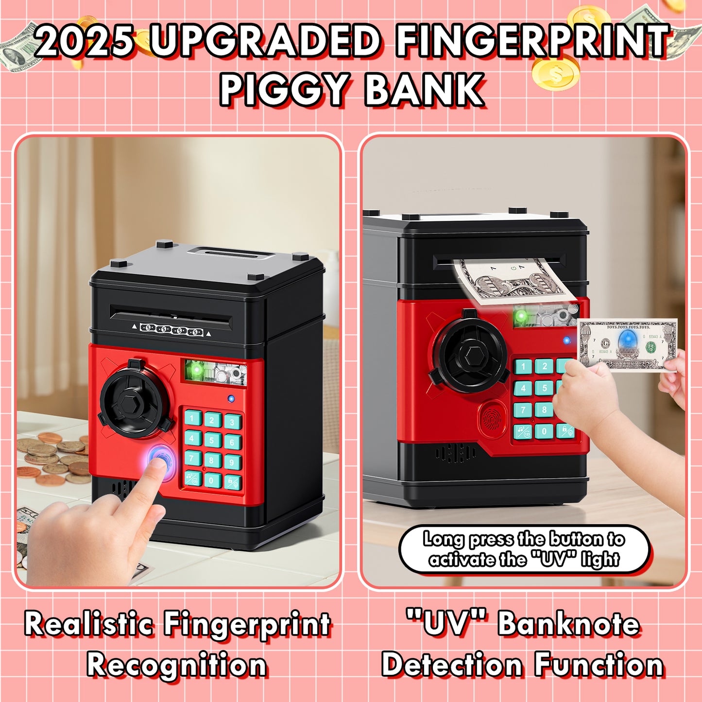 Piggy Banks for Kids, Money Bank with Fingerprint Recognition, Electronic Password Cash Coin Can ATM Bank with Auto Grab Bill Slot, Money Coin Saving Box for Kids, Perfect Gifts for Boys Girls