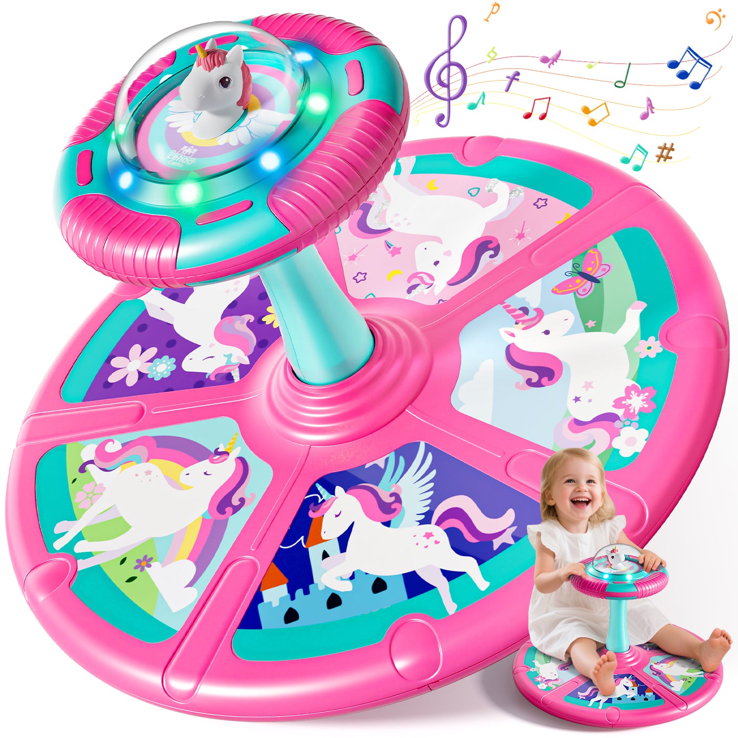 Unicorn Sit and Spin Toys for Toddlers, 360° Spinning Seat with LED Lights & Music, Sensory Spinning Chair for Body Balance Training, Sensory Toys for Ages 2-4 and Up, Best Birthday Christmas Gifts