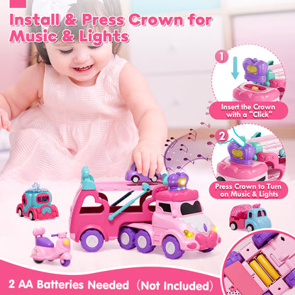 Toddler Girl Toys, Kids Toys for 2 Year Old Girl with Lights & Music, Toddler Toys Age 2 to 5 Girls, Toy Trucks Car for 2 3 4 5+ Years Old Girls 5 in 1 Car Carrier Toy Sets Birthday Christmas Gifts