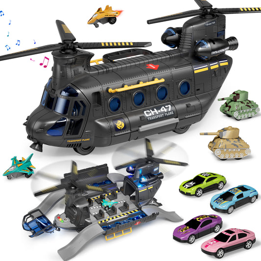 Helicopter Toy, Airplane Toys for Boys with Lights & Sounds, Toy Plane Set with 4 Race Cars, 2 Airplanes, 2 Tanks, Toys for 2+ Year Old Boys, Best Gifts for 3 4 5+ Years Old Boys
