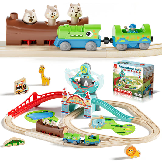 Train Set, Wooden Train Set for Kids, Train Toys for Toddlers, Wooden Train Tracks for Kids 2 3 4 5+ Years Old, Amusement Park Theme B, Great Gift for Boys Girls - Compatible with Other Brands