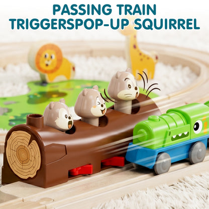 Train Set, Wooden Train Set for Kids, Train Toys for Toddlers, Wooden Train Tracks for Kids 2 3 4 5+ Years Old, Amusement Park Theme B, Great Gift for Boys Girls - Compatible with Other Brands