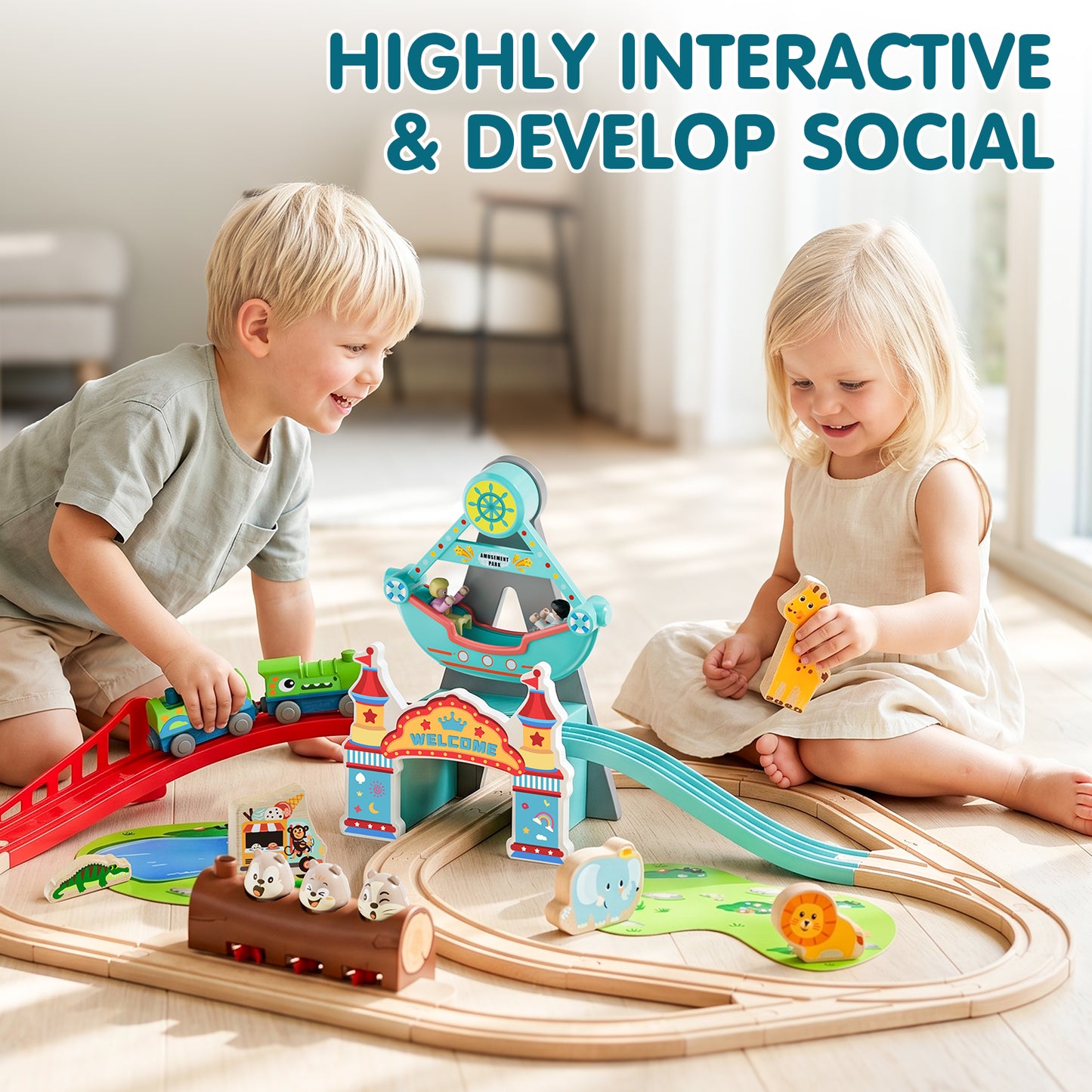 Train Set, Wooden Train Set for Kids, Train Toys for Toddlers, Wooden Train Tracks for Kids 2 3 4 5+ Years Old, Amusement Park Theme B, Great Gift for Boys Girls - Compatible with Other Brands